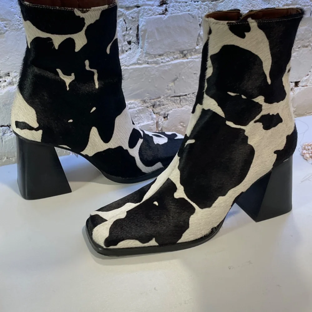 Cow Print Pony Hair Square Toe Chunky Heel Leather Boots Aloha - Picture 2 of 6